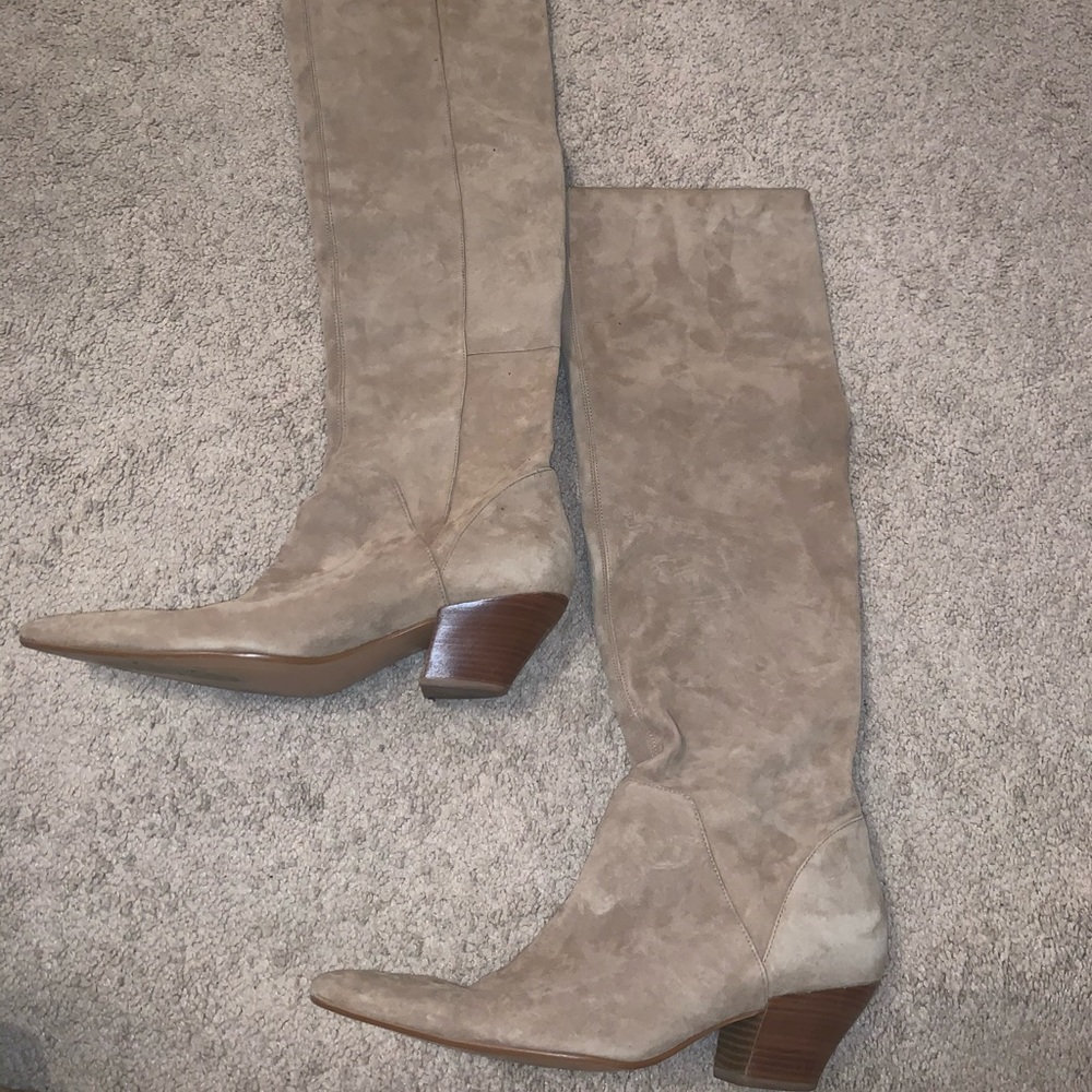 Beige Suede Knee Boots